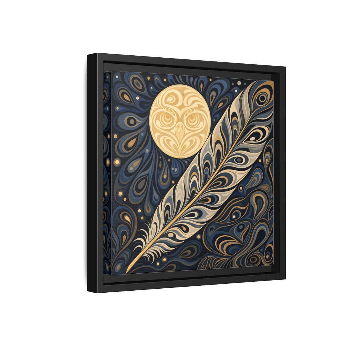 Side Mockup 18. Nature Stylized Feather Blue Gold shown as stretched canvas wall art