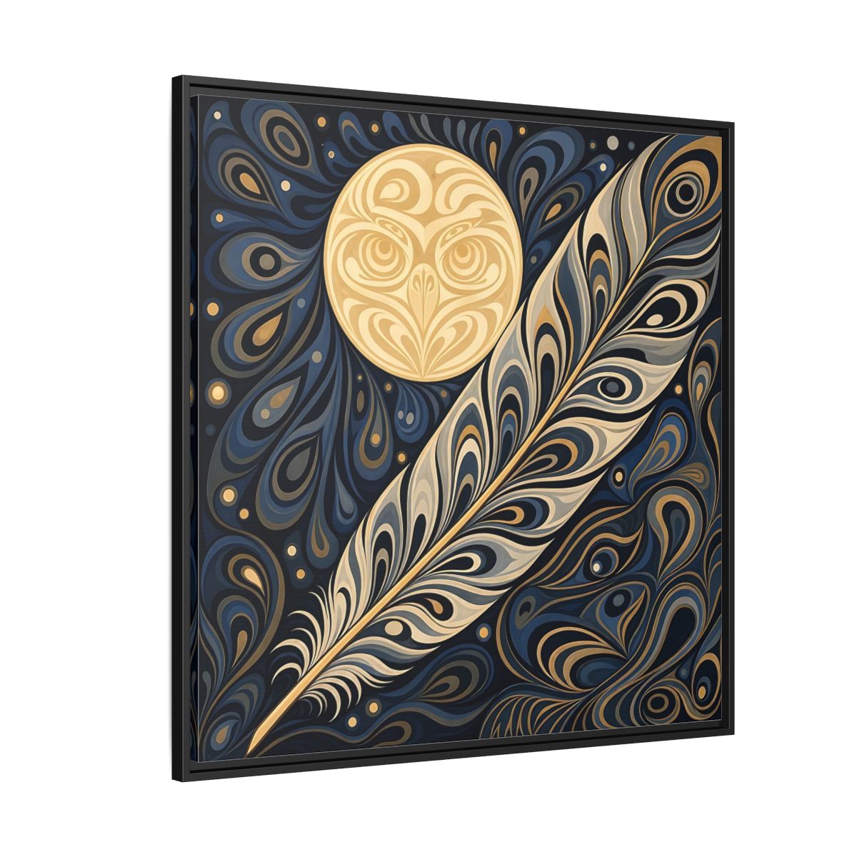 Side Mockup 6. Nature Stylized Feather Blue Gold shown as stretched canvas wall art