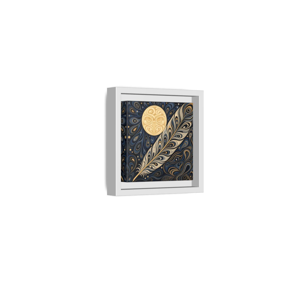 Side Mockup 22. Nature Stylized Feather Blue Gold shown as stretched canvas wall art