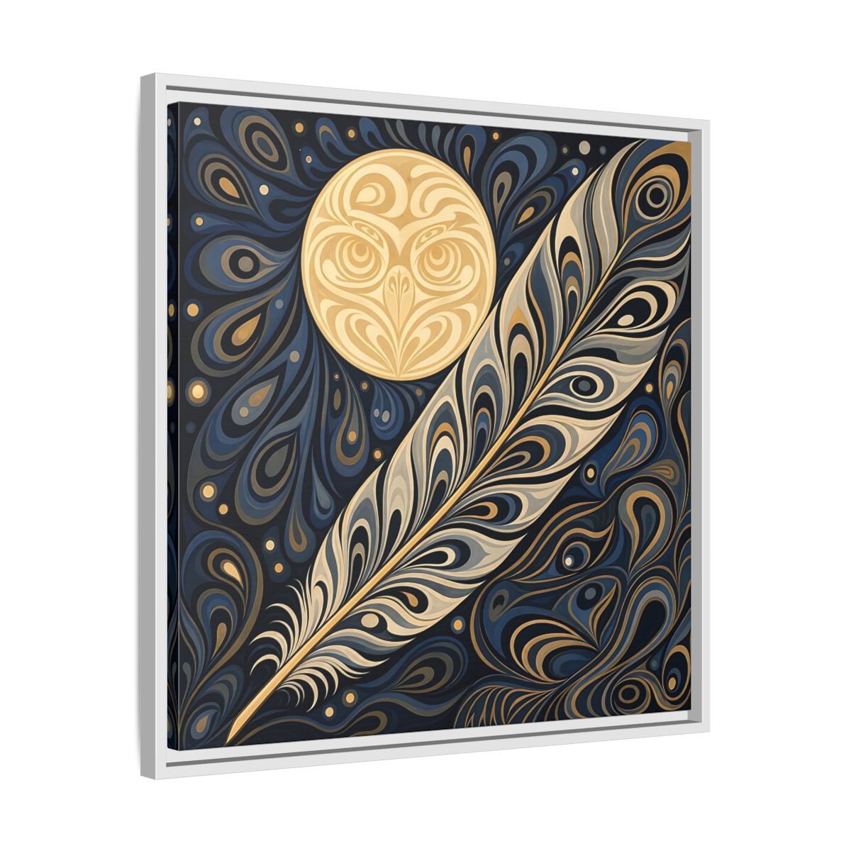 Side Mockup 26. Nature Stylized Feather Blue Gold shown as stretched canvas wall art