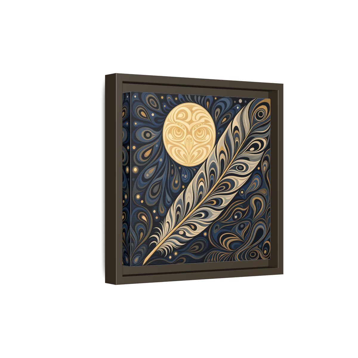 Side Mockup 20. Nature Stylized Feather Blue Gold shown as stretched canvas wall art