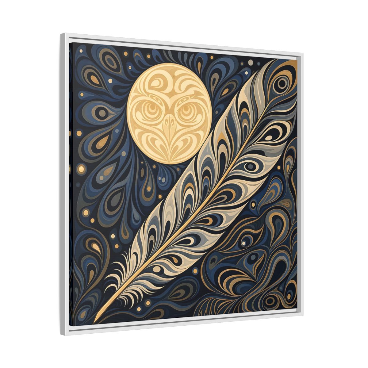 Side Mockup 25. Nature Stylized Feather Blue Gold shown as stretched canvas wall art