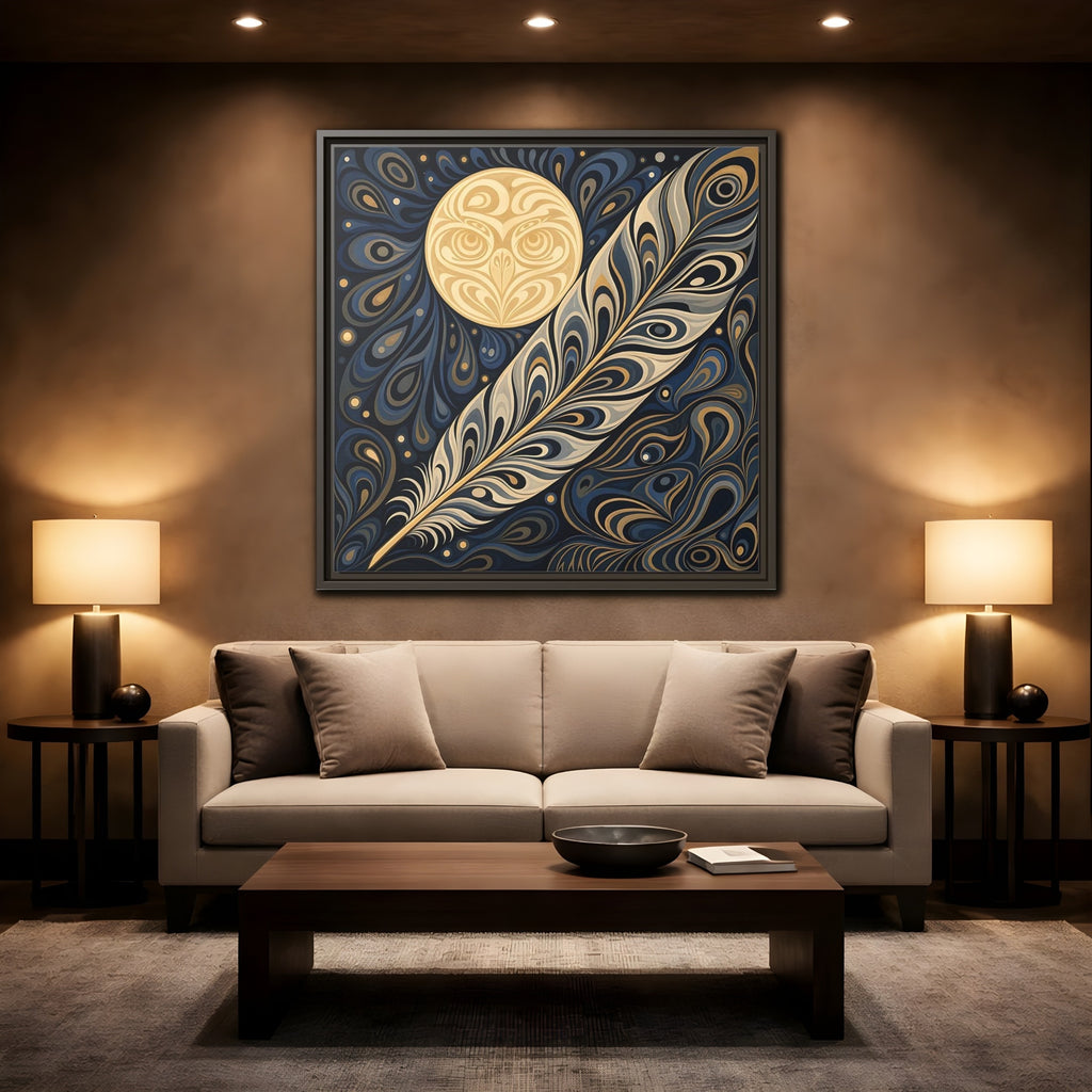 Mockup 2. Nature Stylized Feather Blue Gold shown as stretched canvas wall art