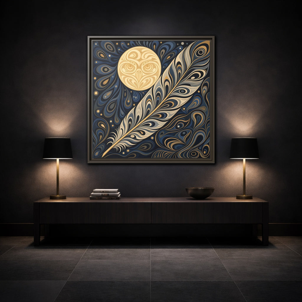 Mockup 3. Nature Stylized Feather Blue Gold shown as stretched canvas wall art