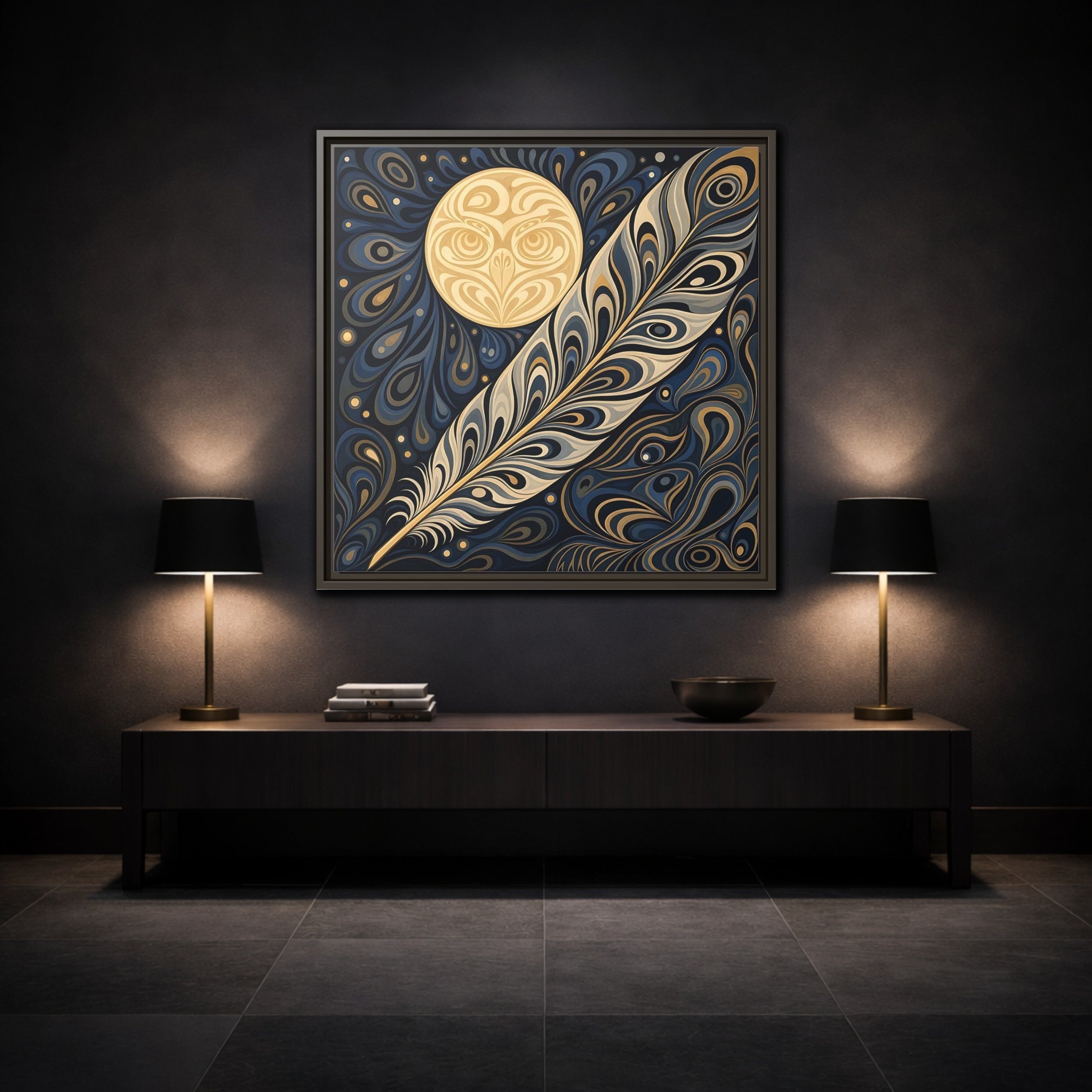 Mockup 3. Nature Stylized Feather Blue Gold shown as stretched canvas wall art