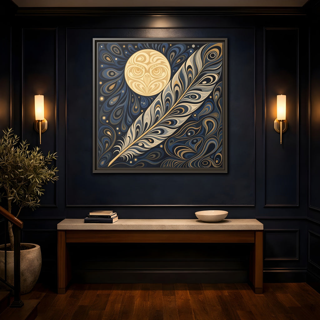 Mockup 4. Nature Stylized Feather Blue Gold shown as stretched canvas wall art