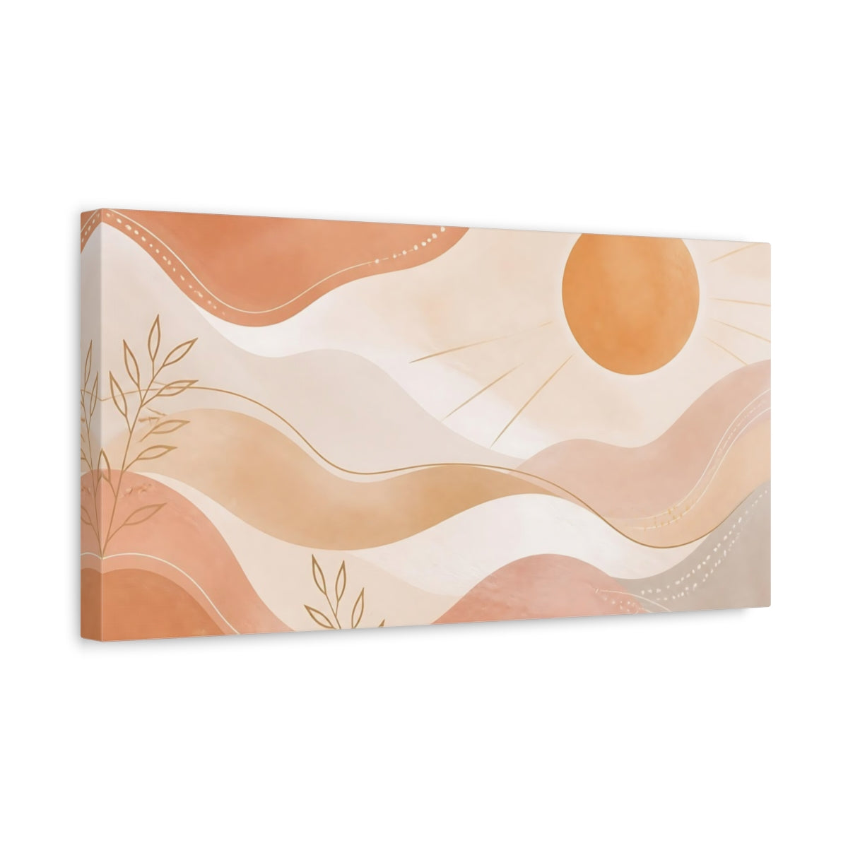 Side Mockup 3. Nature Sun, Leaves Terracotta And Gold shown as stretched canvas wall art