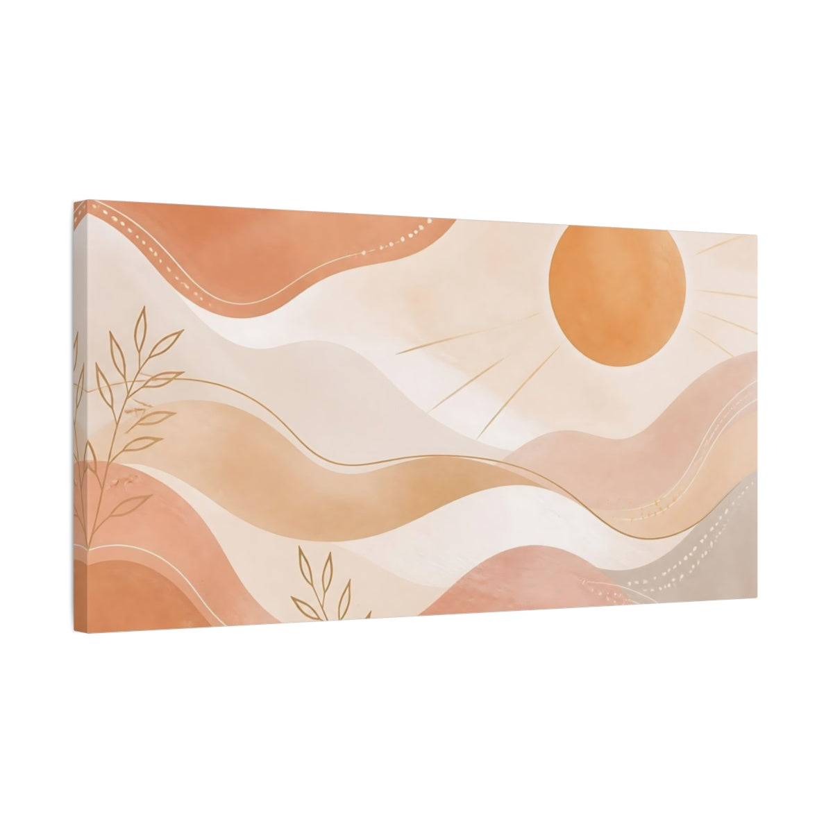Side Mockup 1. Nature Sun, Leaves Terracotta And Gold shown as stretched canvas wall art