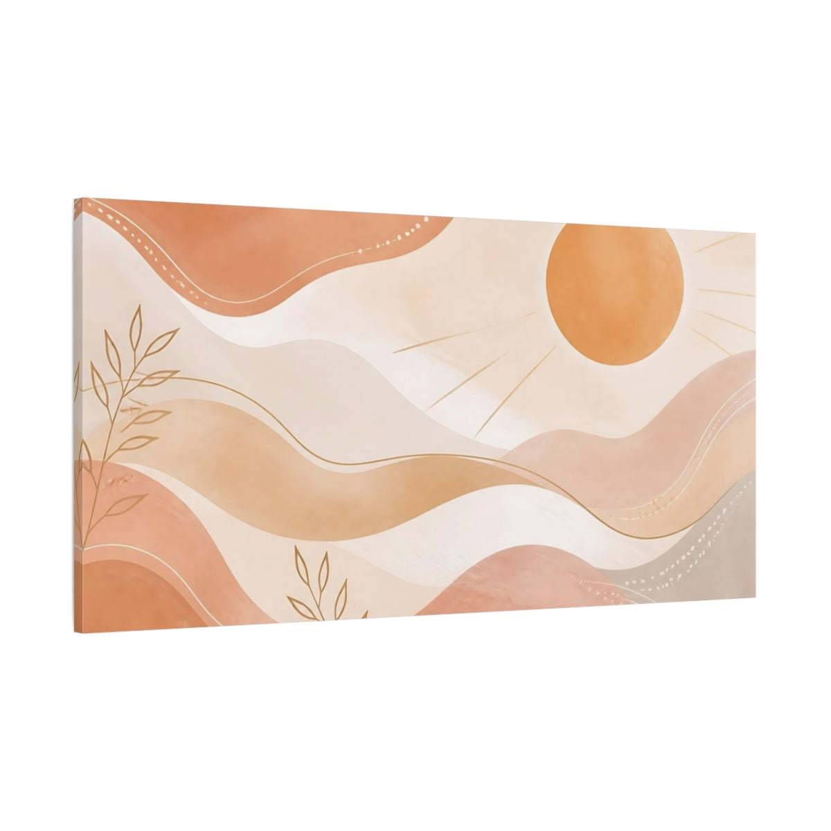 Side Mockup 2. Nature Sun, Leaves Terracotta And Gold shown as stretched canvas wall art