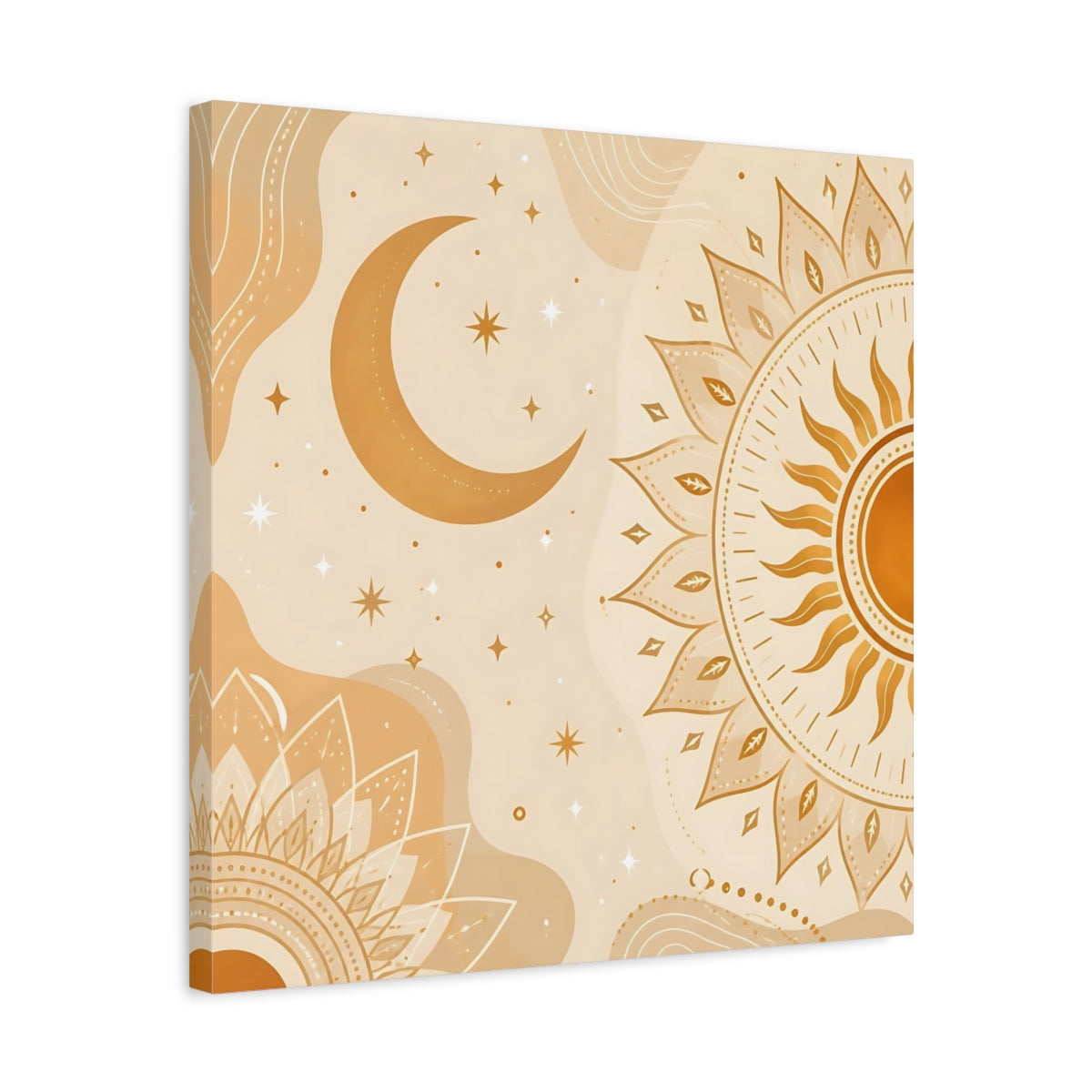 Side Mockup 5. Nature Sun Moon Orange Beige Art shown as stretched canvas wall art