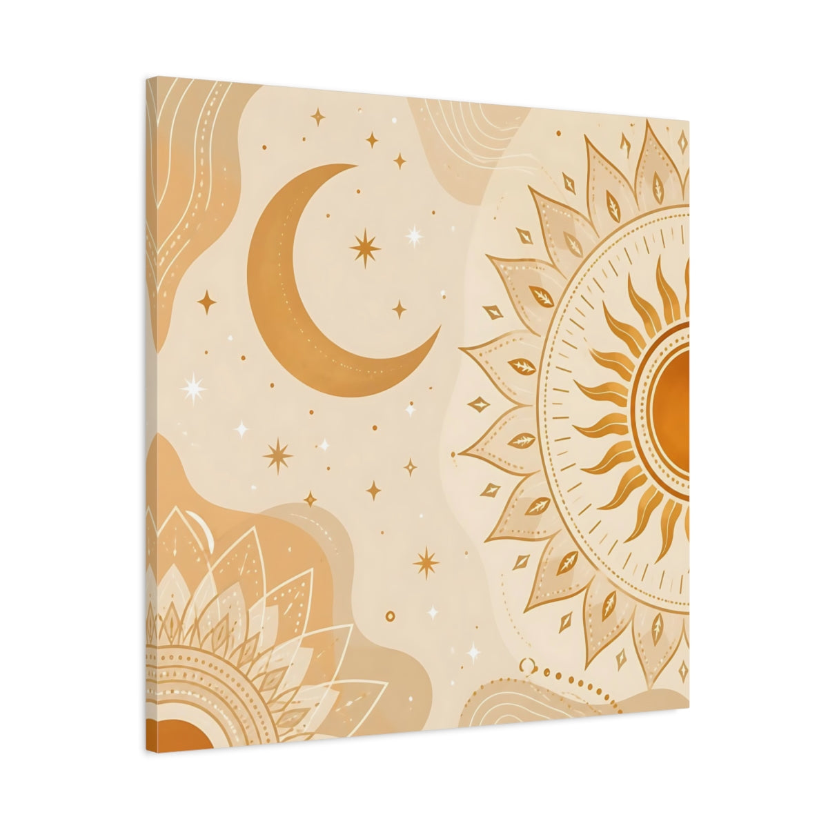 Side Mockup 3. Nature Sun Moon Orange Beige Art shown as stretched canvas wall art