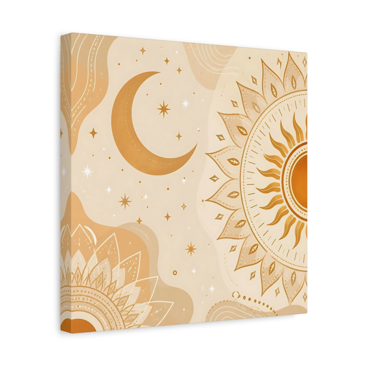 Side Mockup 7. Nature Sun Moon Orange Beige Art shown as stretched canvas wall art
