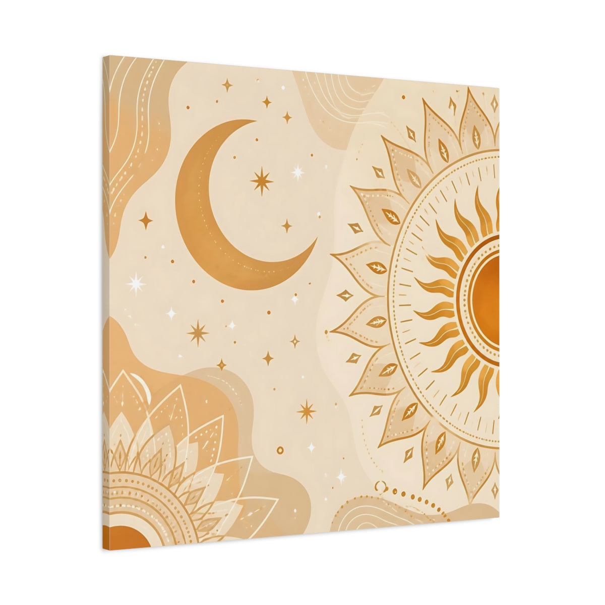 Side Mockup 1. Nature Sun Moon Orange Beige Art shown as stretched canvas wall art