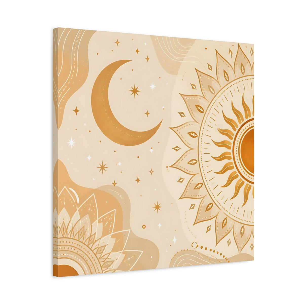 Side Mockup 4. Nature Sun Moon Orange Beige Art shown as stretched canvas wall art