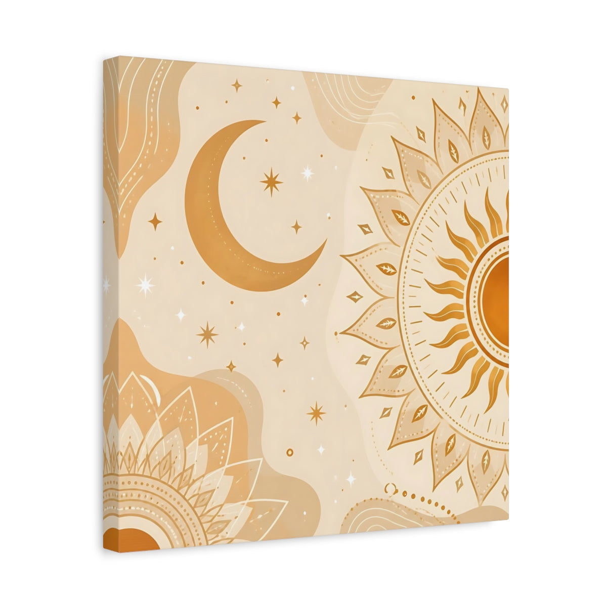 Side Mockup 6. Nature Sun Moon Orange Beige Art shown as stretched canvas wall art