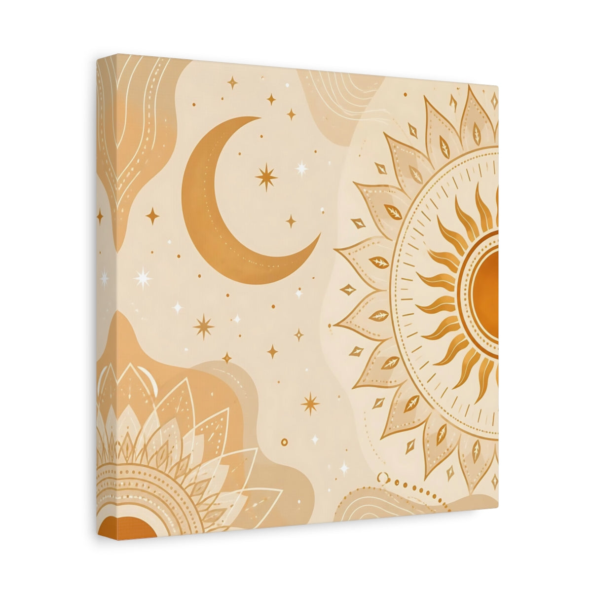 Side Mockup 8. Nature Sun Moon Orange Beige Art shown as stretched canvas wall art