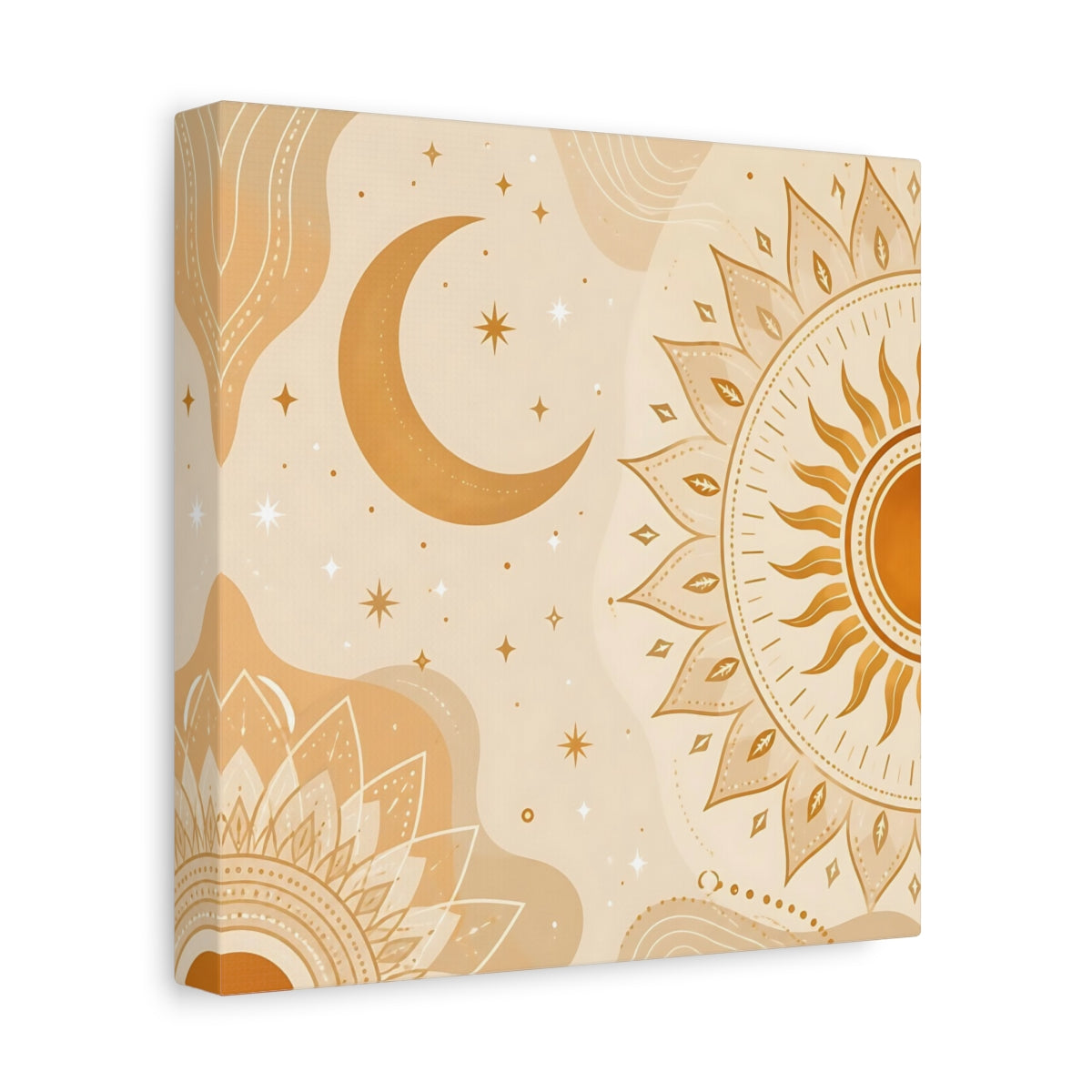 Side Mockup 9. Nature Sun Moon Orange Beige Art shown as stretched canvas wall art