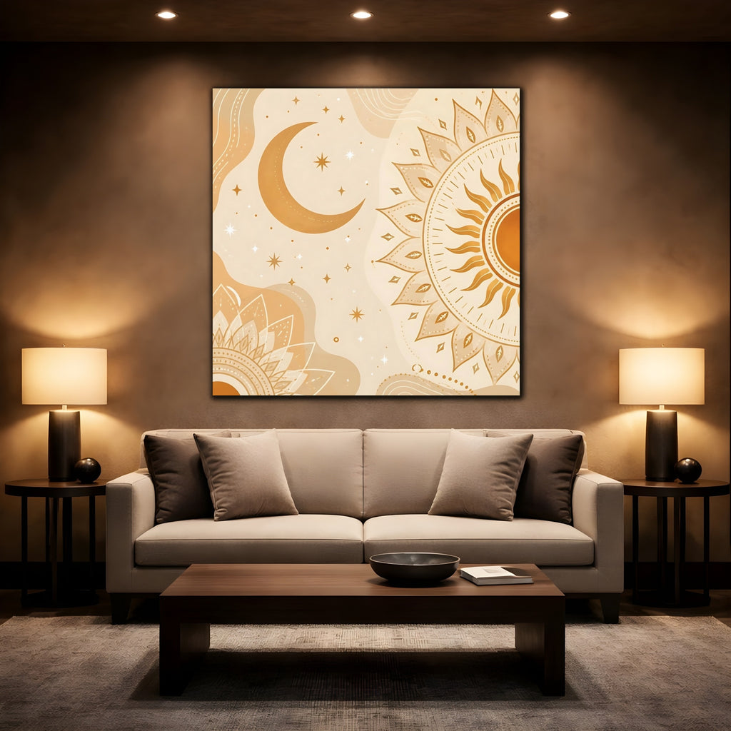 Mockup 2. Nature Sun Moon Orange Beige Art shown as stretched canvas wall art
