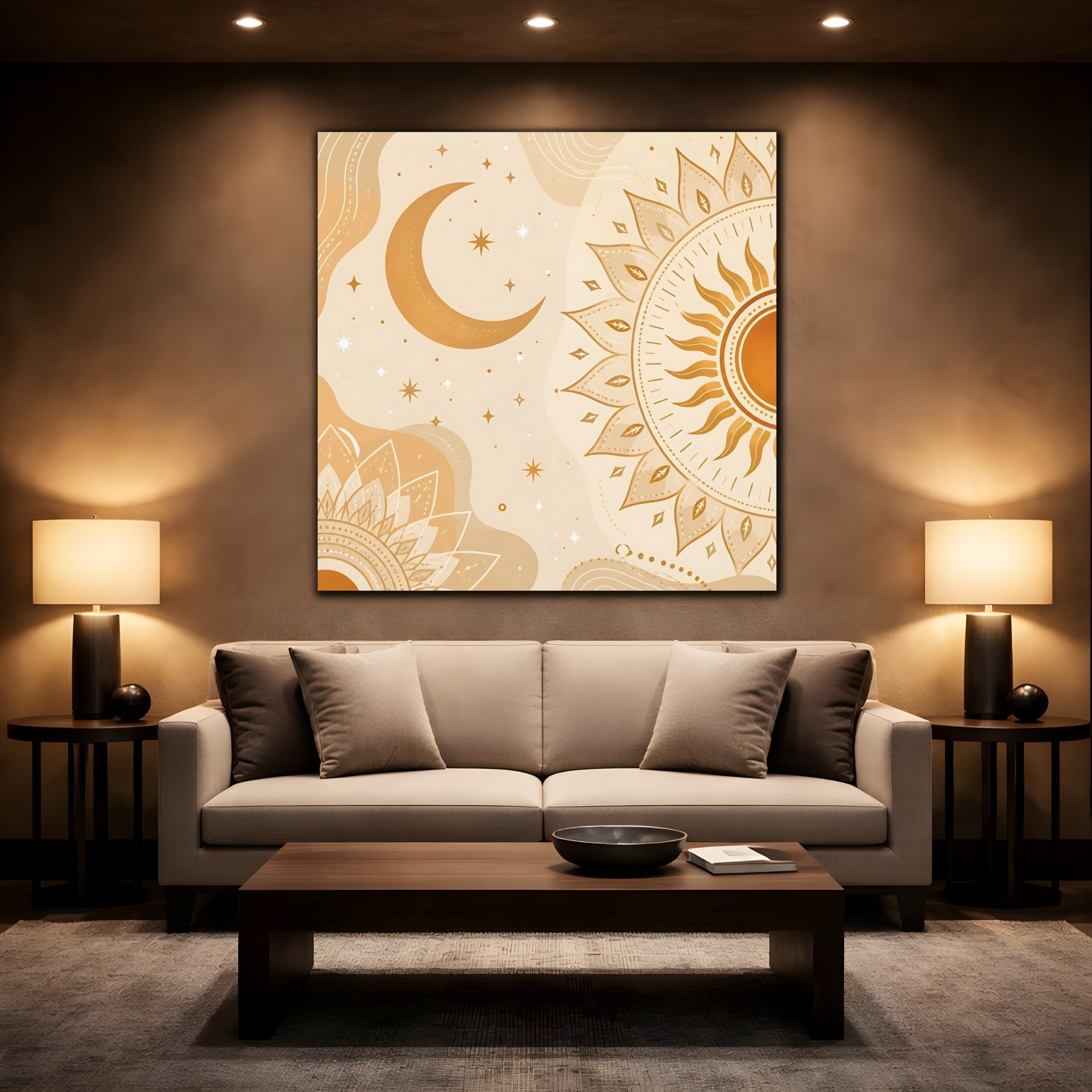 Mockup 2. Nature Sun Moon Orange Beige Art shown as stretched canvas wall art