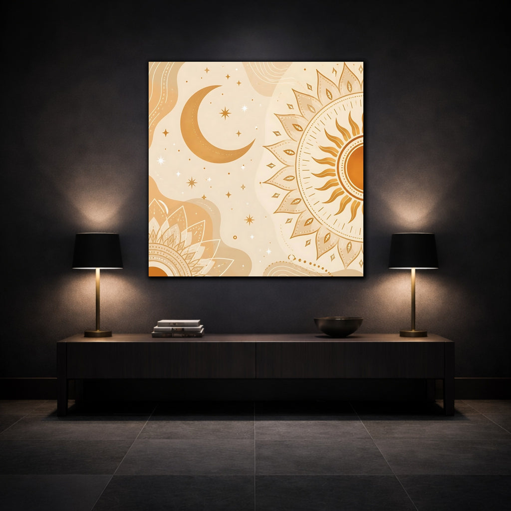 Mockup 3. Nature Sun Moon Orange Beige Art shown as stretched canvas wall art