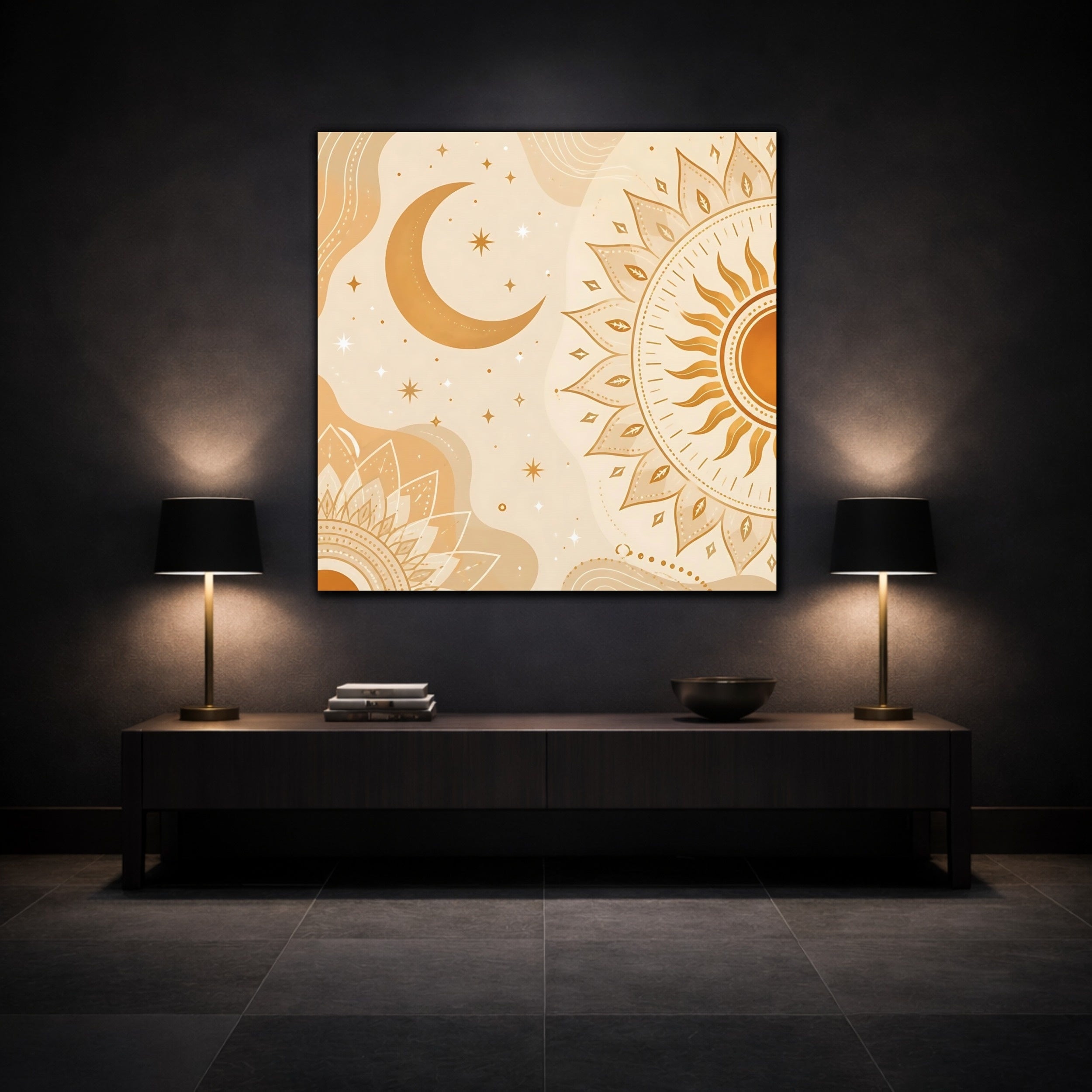 Mockup 3. Nature Sun Moon Orange Beige Art shown as stretched canvas wall art
