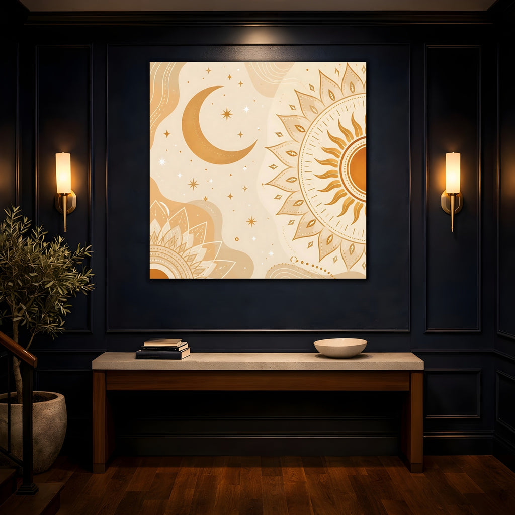 Mockup 4. Nature Sun Moon Orange Beige Art shown as stretched canvas wall art