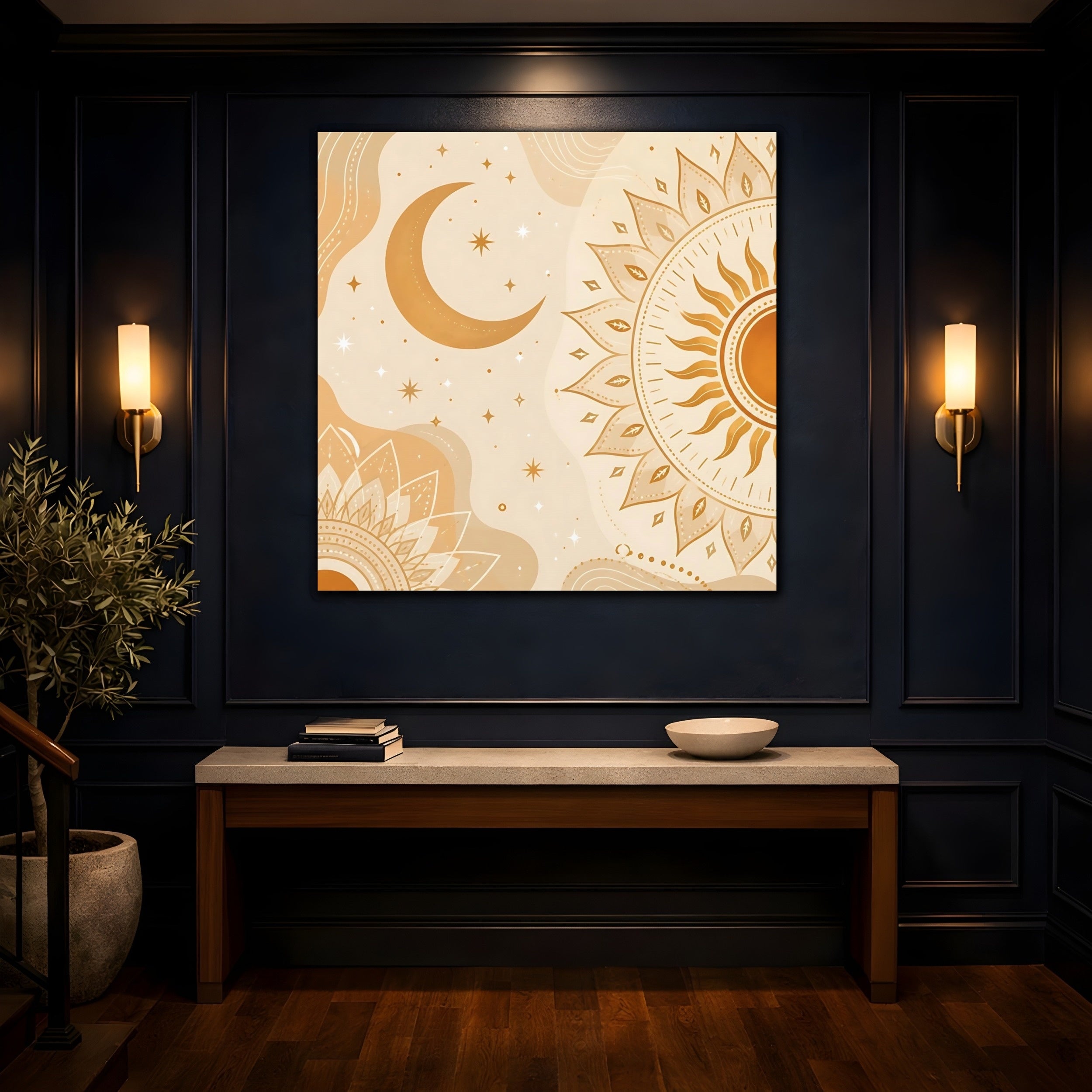 Mockup 4. Nature Sun Moon Orange Beige Art shown as stretched canvas wall art
