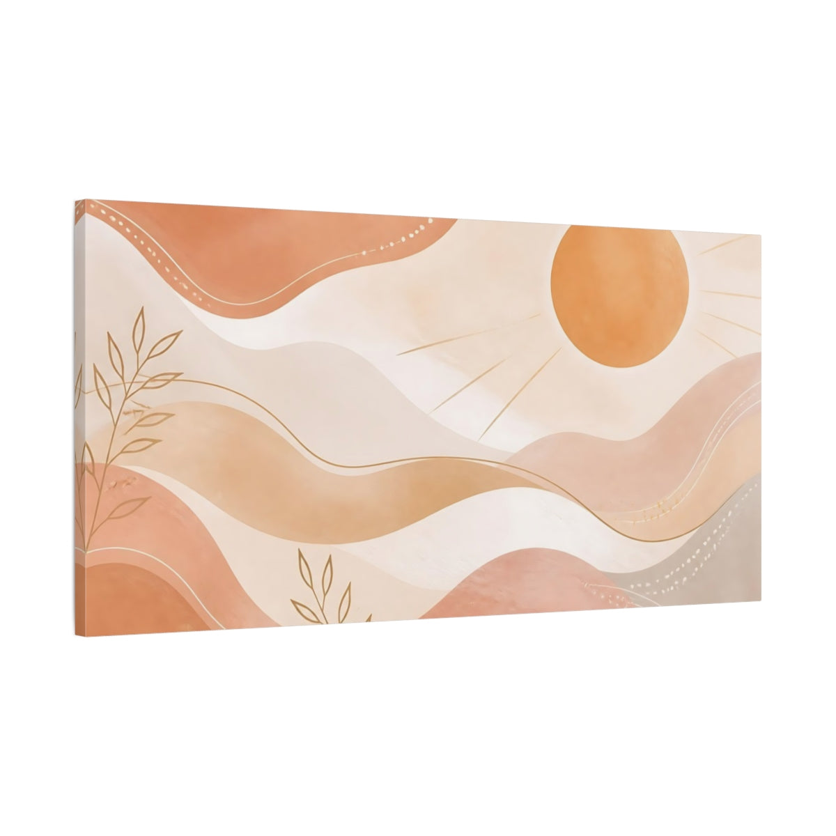 Main Mockup. Nature Sun, Leaves Terracotta And Gold shown as stretched canvas wall art