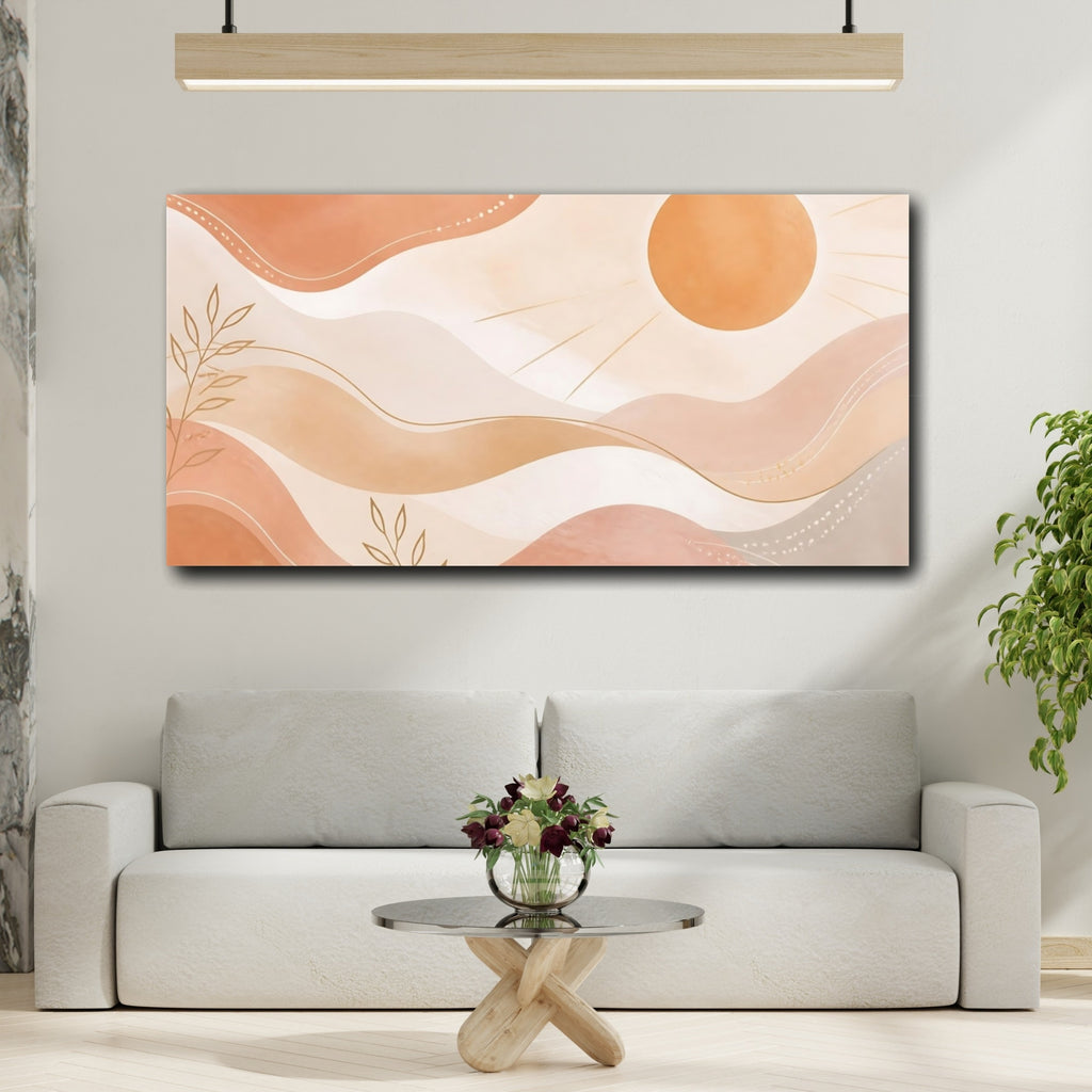 Mockup 2. Nature Sun, Leaves Terracotta And Gold shown as stretched canvas wall art
