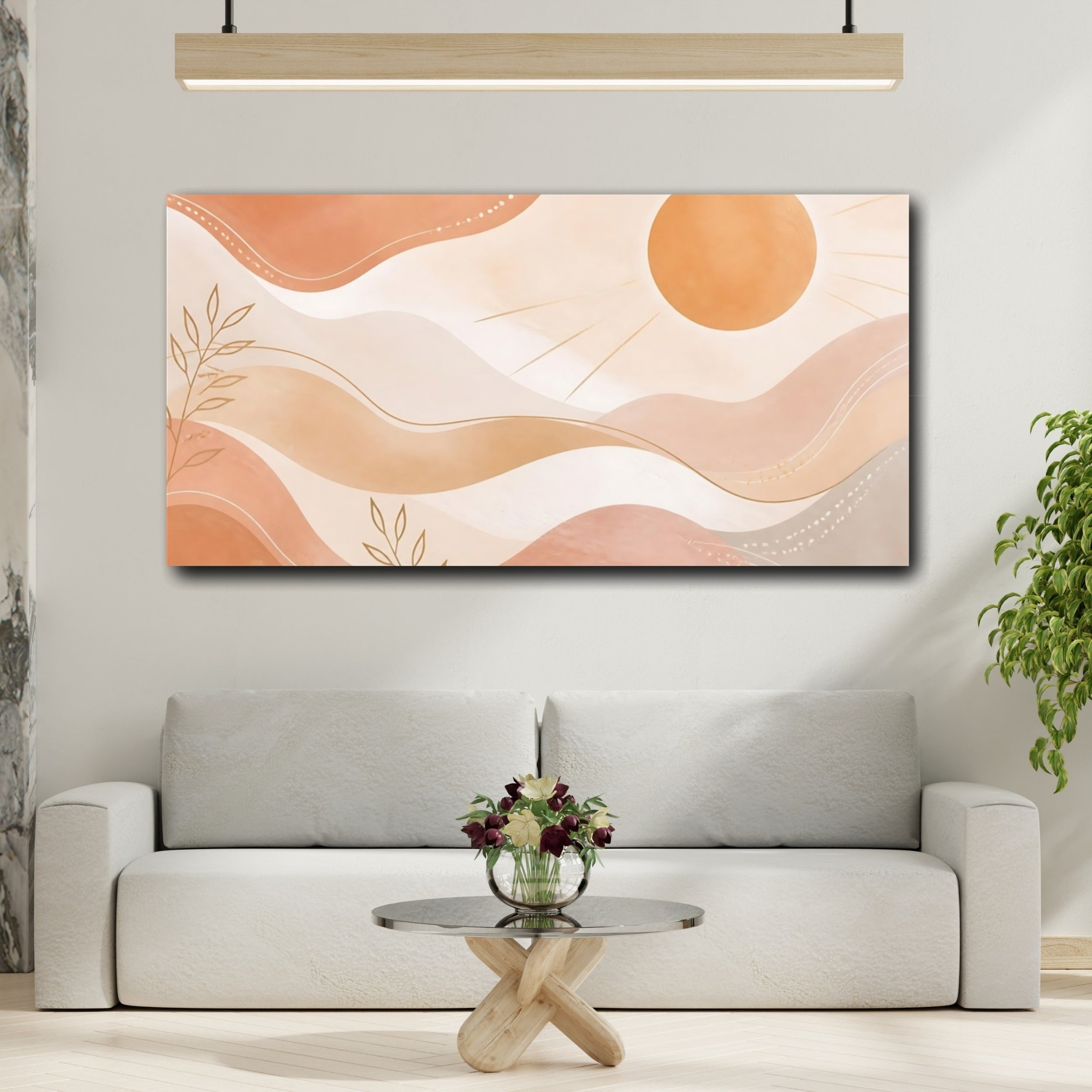 Mockup 2. Nature Sun, Leaves Terracotta And Gold shown as stretched canvas wall art
