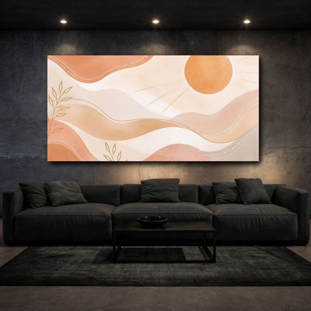 Mockup 3. Nature Sun, Leaves Terracotta And Gold shown as stretched canvas wall art
