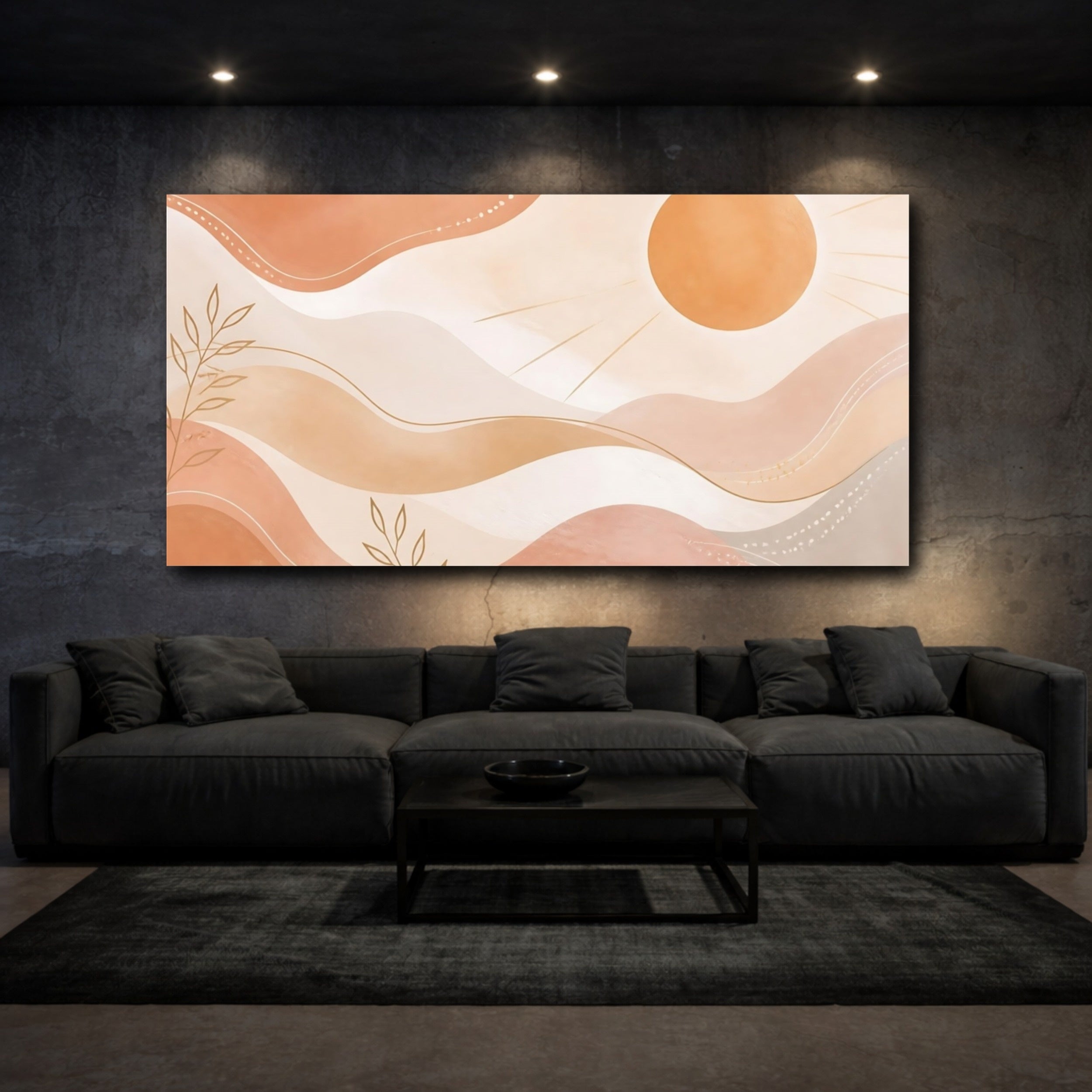 Mockup 3. Nature Sun, Leaves Terracotta And Gold shown as stretched canvas wall art