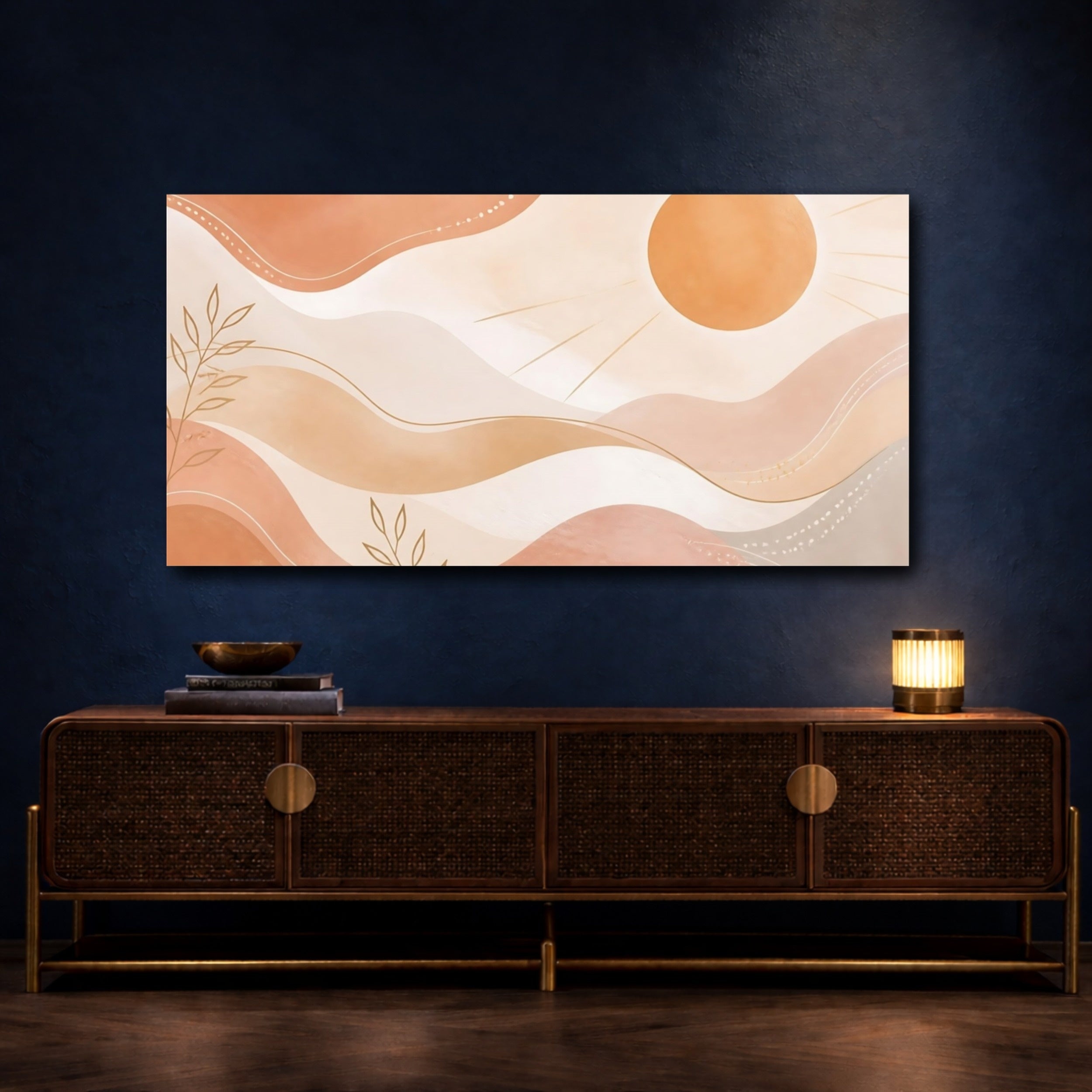 Mockup 4. Nature Sun, Leaves Terracotta And Gold shown as stretched canvas wall art
