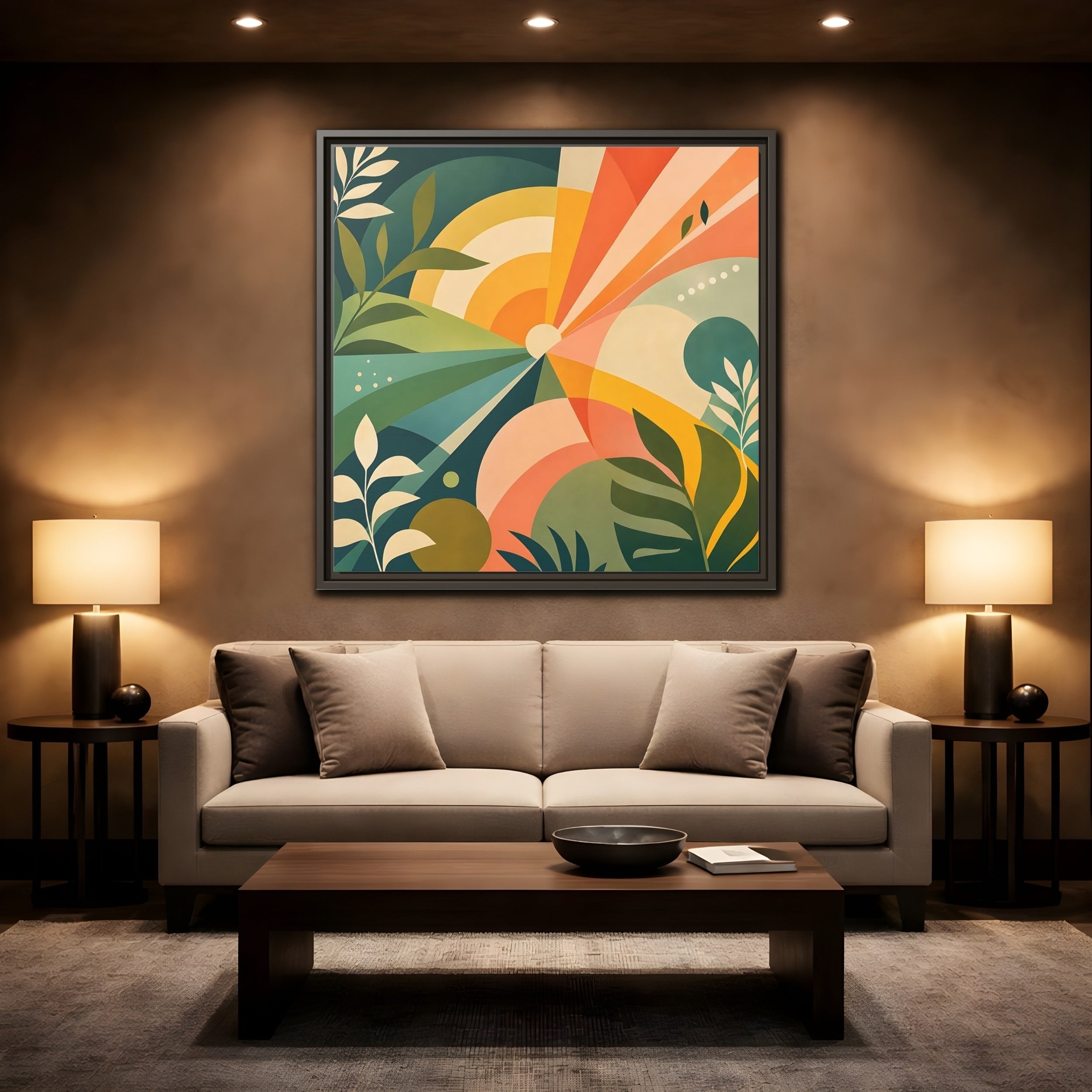 Mockup 2. Nature Sunrise Colorful Abstract shown as stretched canvas wall art