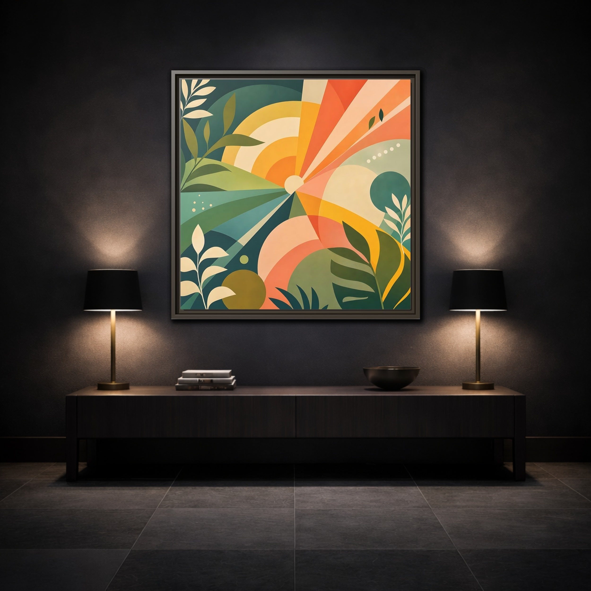Mockup 3. Nature Sunrise Colorful Abstract shown as stretched canvas wall art