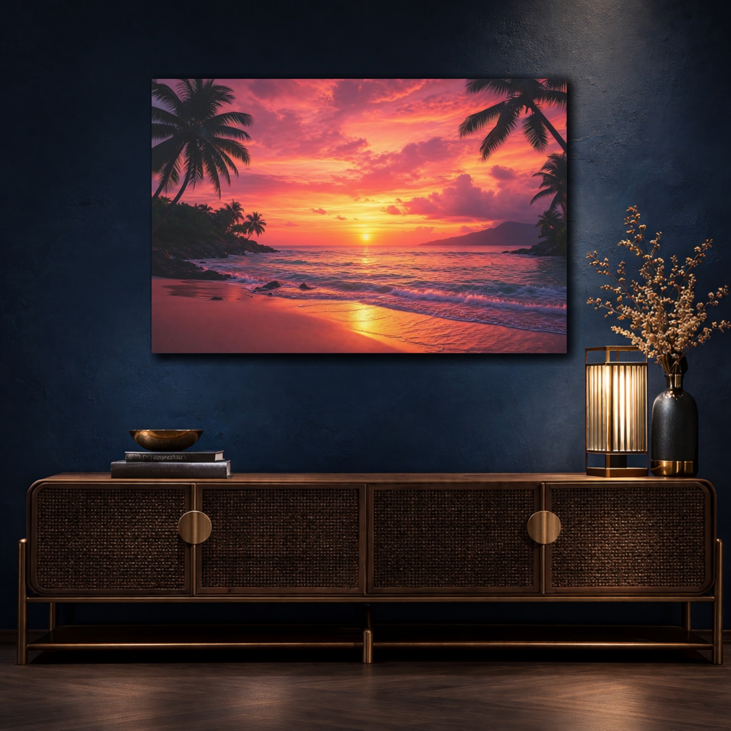 Mockup 4. Nature Sunset Beach Tropical Sunset shown as canvas print
