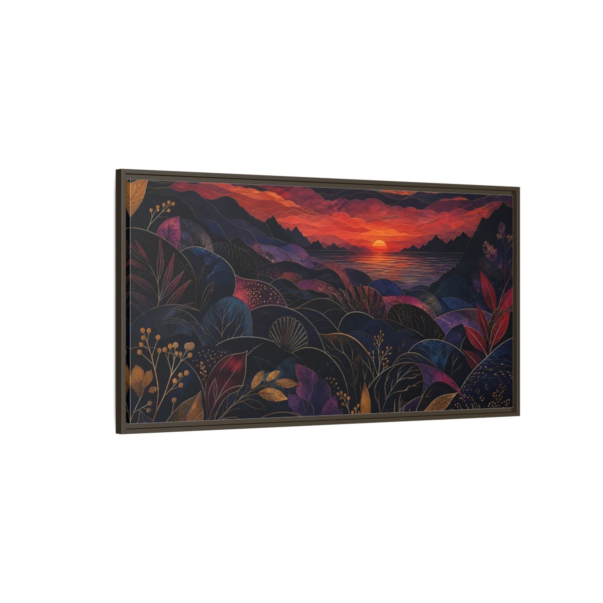 Side Mockup 4. Nature Sunset Landscape Navy Gold Sunset shown as stretched canvas wall art