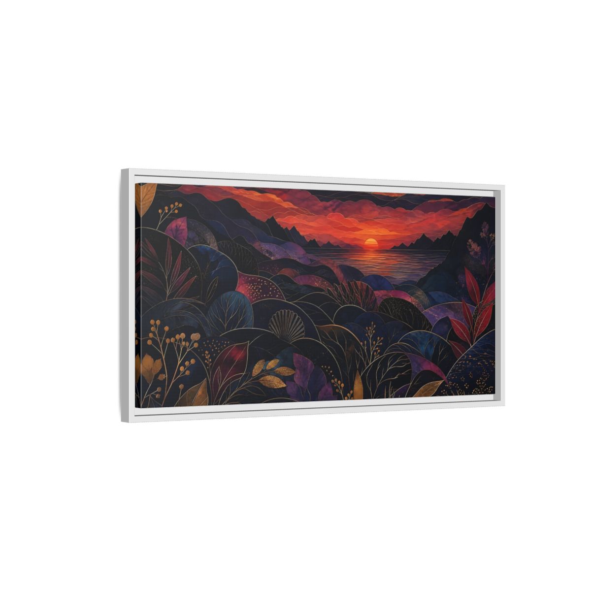 Side Mockup 1. Nature Sunset Landscape Navy Gold Sunset shown as stretched canvas wall art