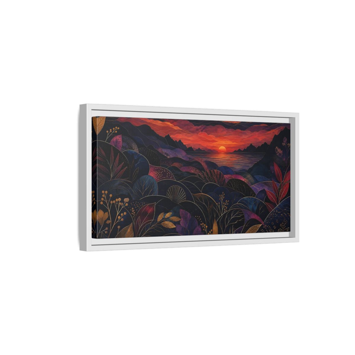 Side Mockup 6. Nature Sunset Landscape Navy Gold Sunset shown as stretched canvas wall art
