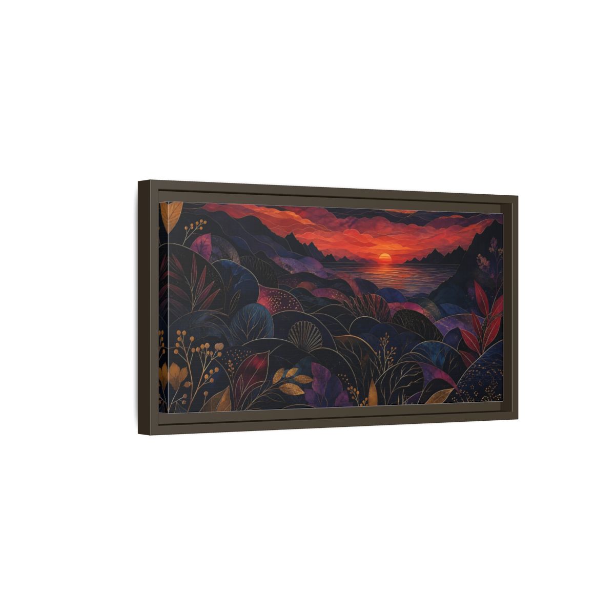 Side Mockup 7. Nature Sunset Landscape Navy Gold Sunset shown as stretched canvas wall art