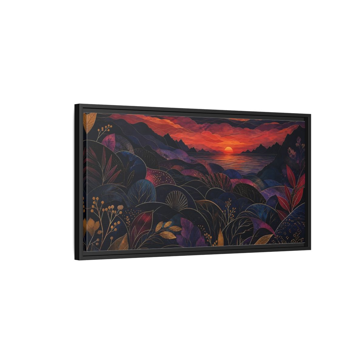 Side Mockup 2. Nature Sunset Landscape Navy Gold Sunset shown as stretched canvas wall art