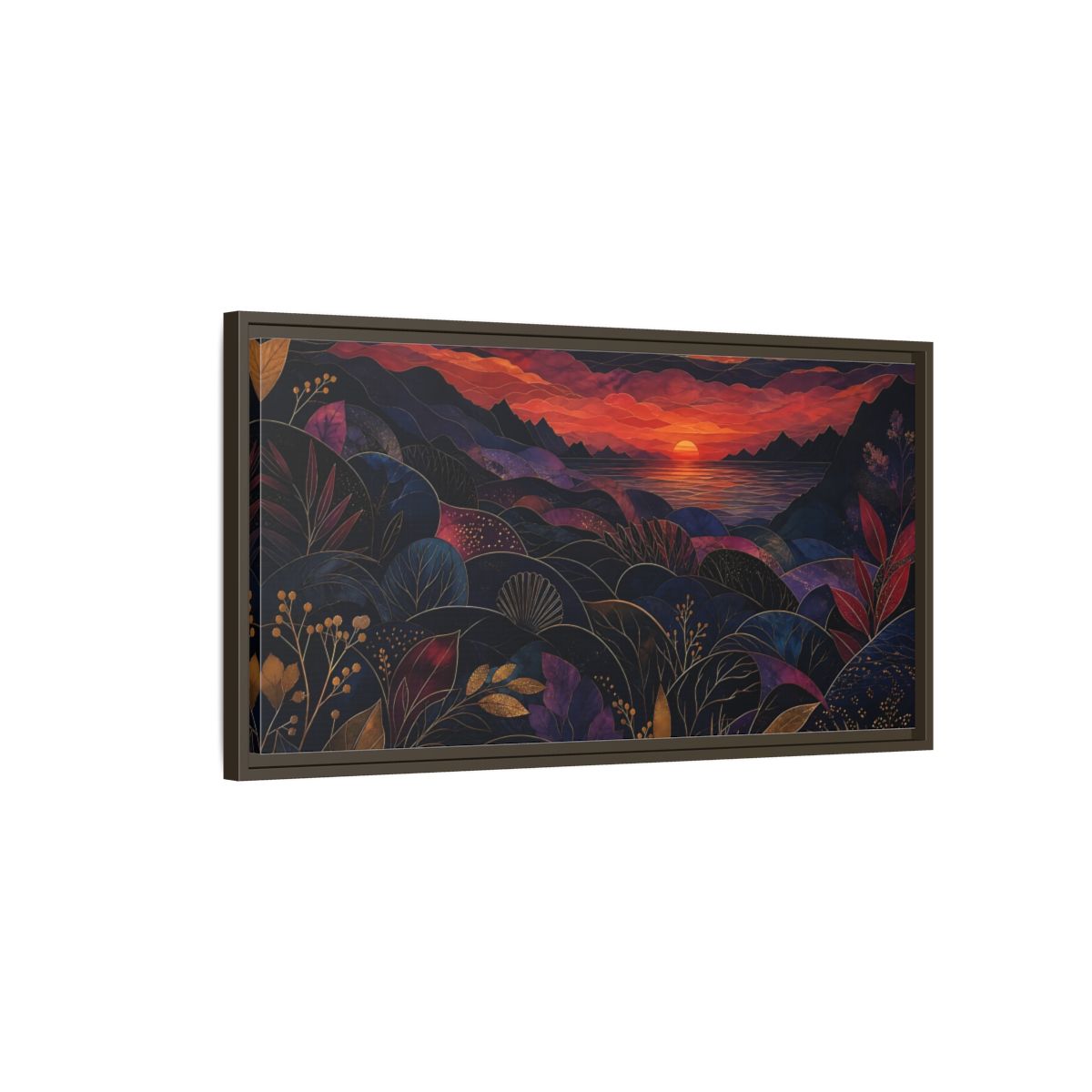 Main Mockup. Nature Sunset Landscape Navy Gold Sunset shown as stretched canvas wall art