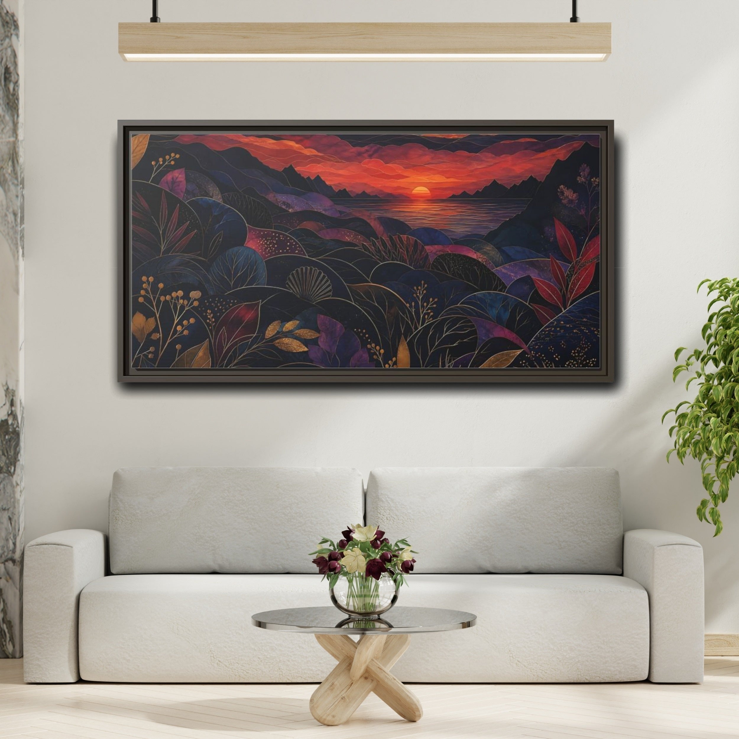 Mockup 2. Nature Sunset Landscape Navy Gold Sunset shown as stretched canvas wall art