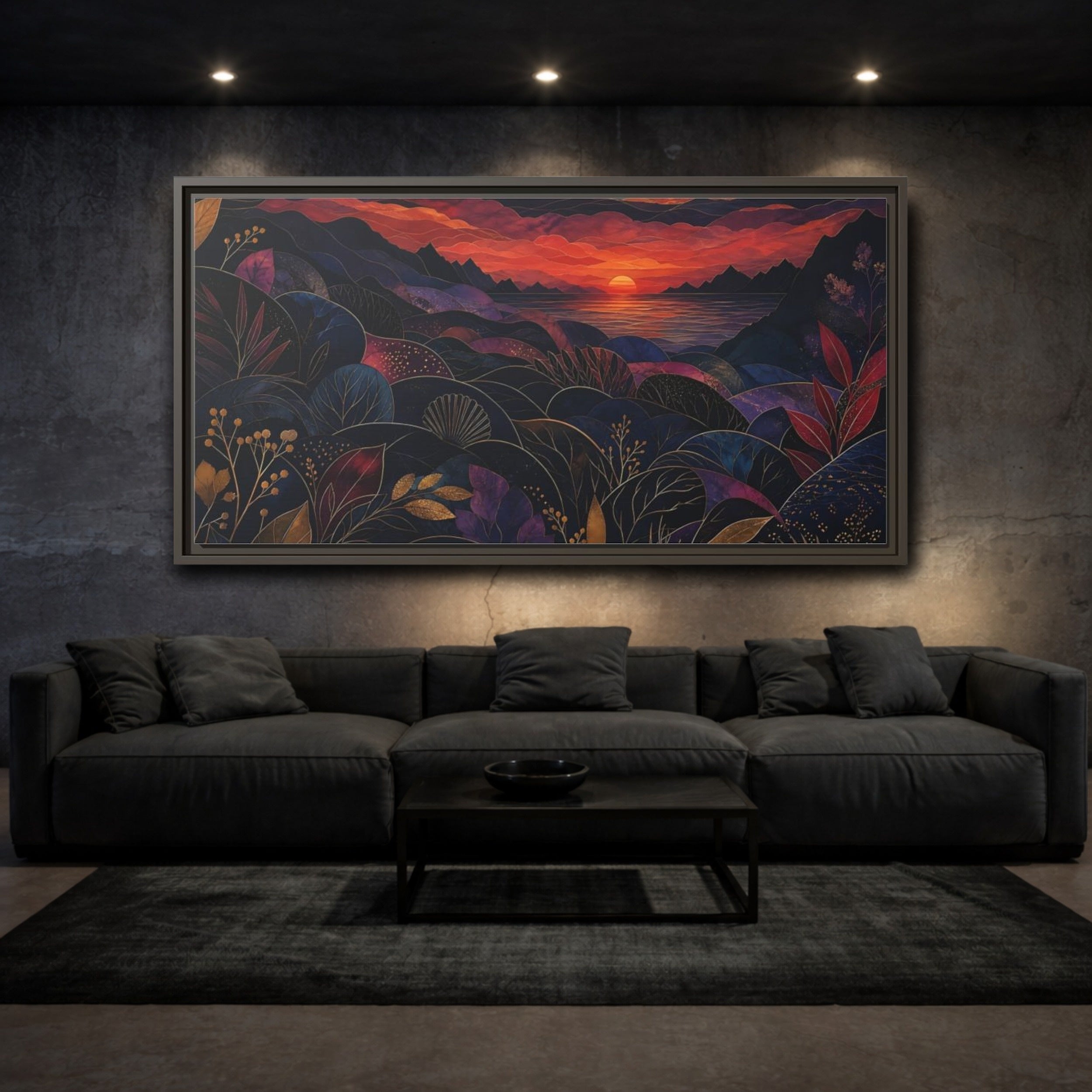 Mockup 3. Nature Sunset Landscape Navy Gold Sunset shown as stretched canvas wall art