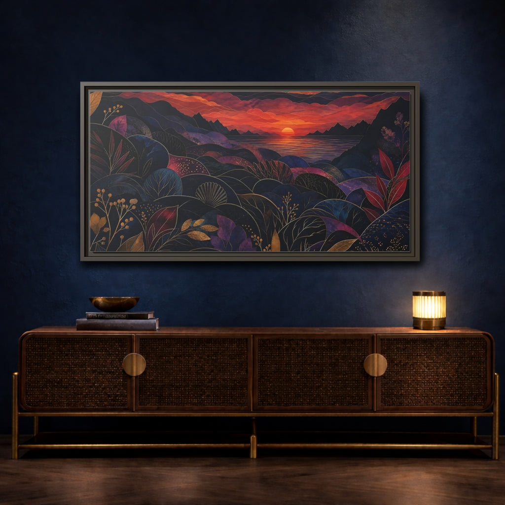 Mockup 4. Nature Sunset Landscape Navy Gold Sunset shown as stretched canvas wall art