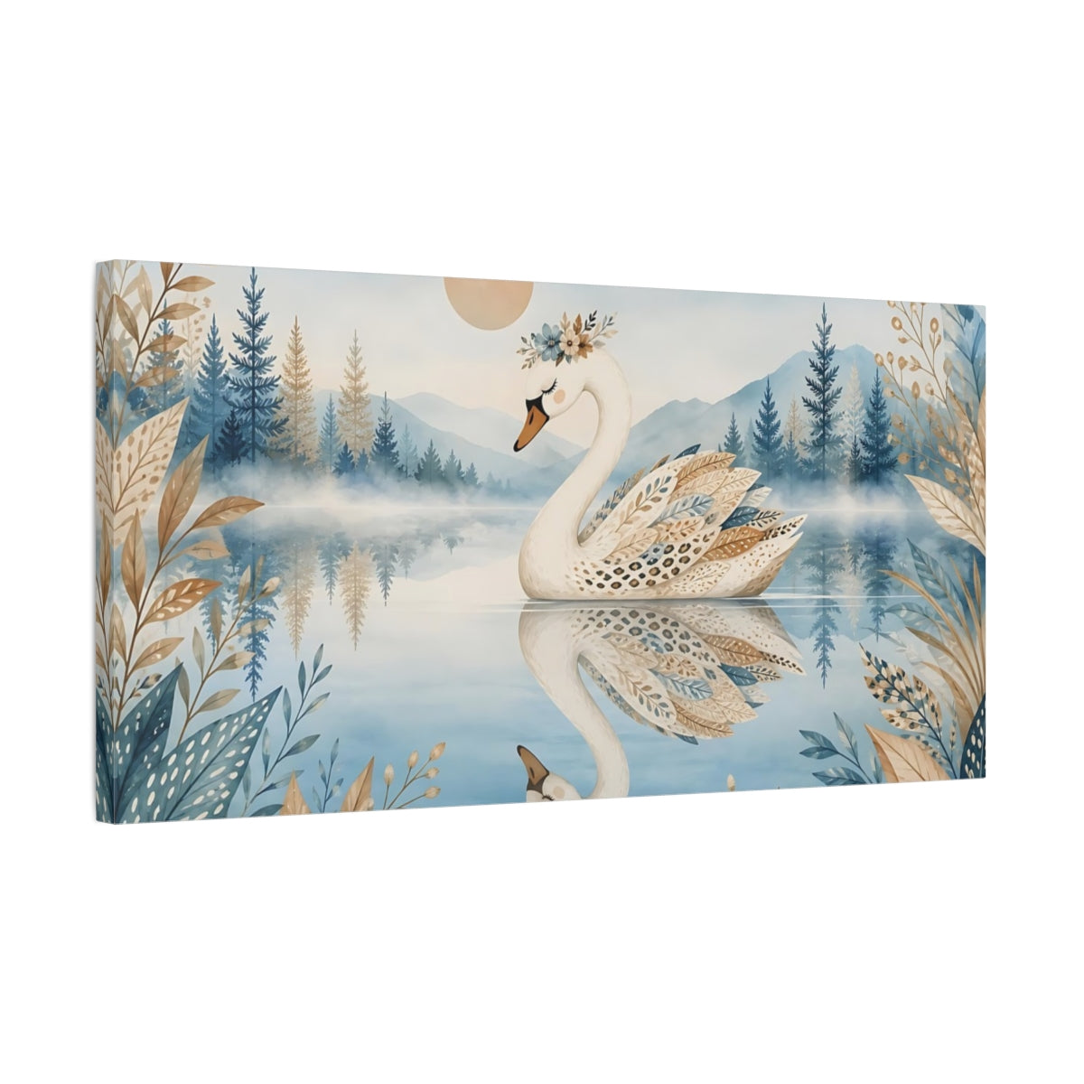 Side Mockup 1. Nature Swan Blue And Brown Swan shown as stretched canvas wall art