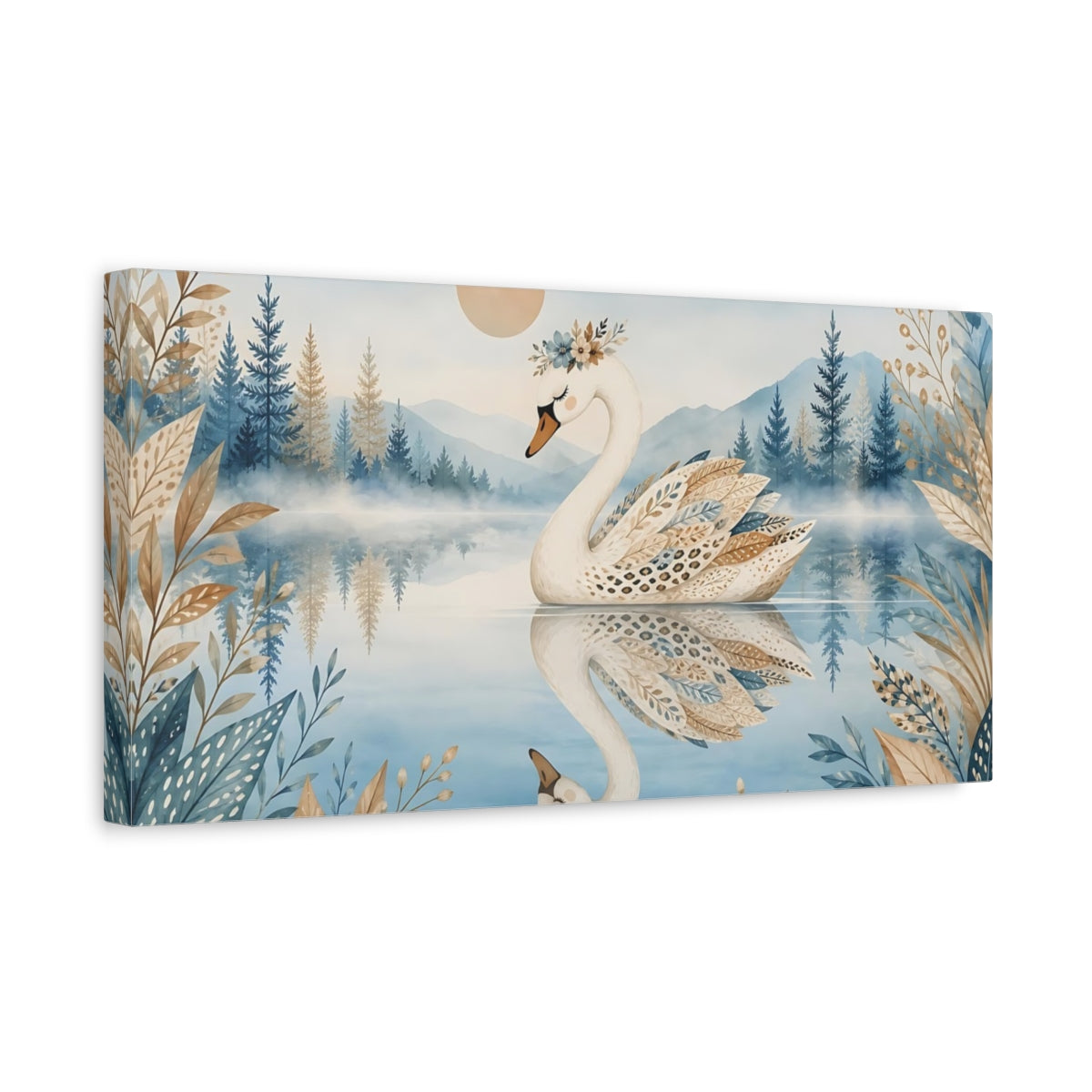 Side Mockup 3. Nature Swan Blue And Brown Swan shown as stretched canvas wall art