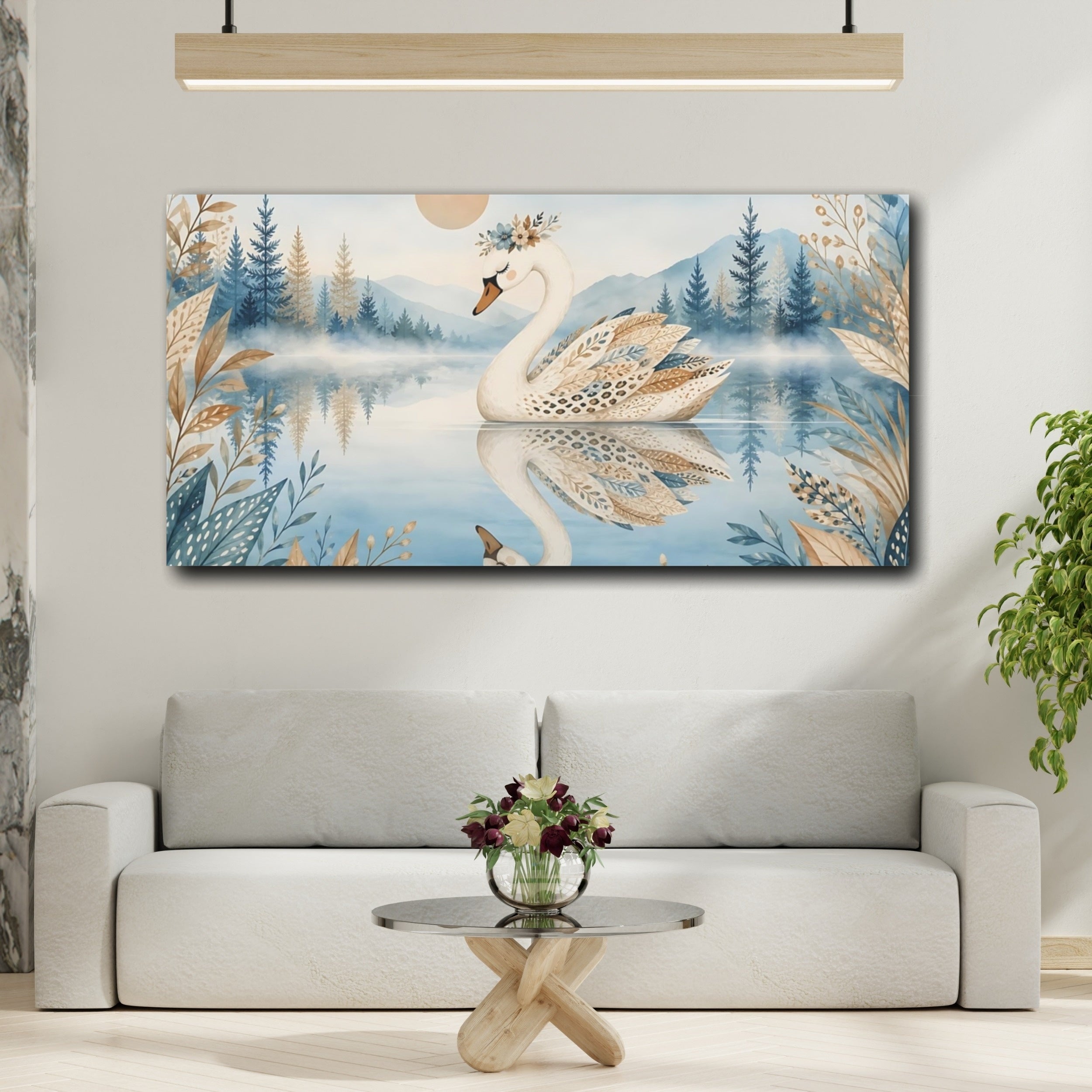 Mockup 2. Nature Swan Blue And Brown Swan shown as stretched canvas wall art
