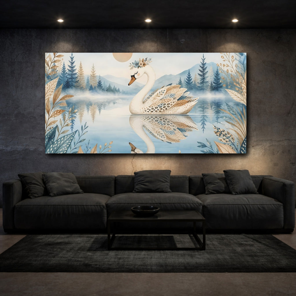 Mockup 3. Nature Swan Blue And Brown Swan shown as stretched canvas wall art