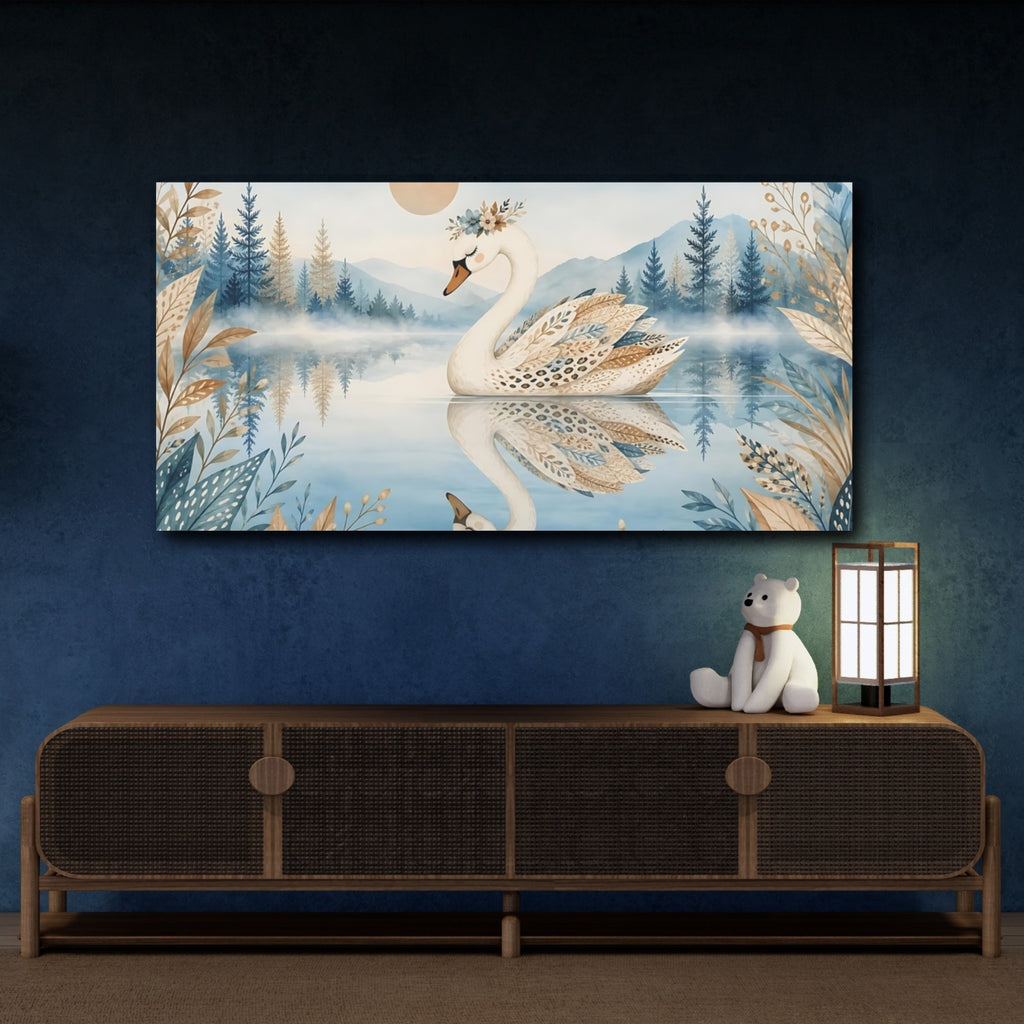 Mockup 4. Nature Swan Blue And Brown Swan shown as stretched canvas wall art
